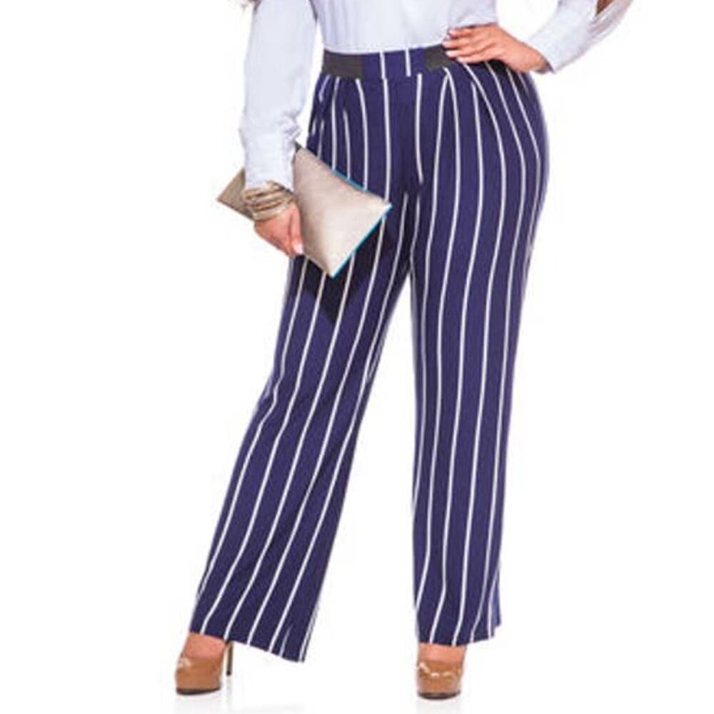 Ashley Stewart Striped Dress Pants Women 26/28 Navy Blue Wide Leg Elastic Waist - Picture 3 of 10